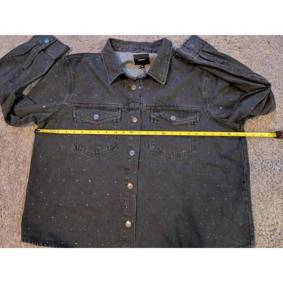 Express Women's Black Denim Jacket W/ Rhinestones Snap Front XXL Whimsigoth - Picture 8 of 11